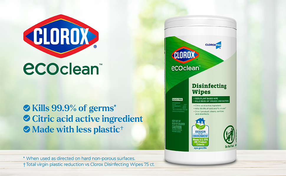 kills 99.9% of germs, citric acid active ingredient, made with less plastic