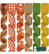 Supla 6 Rolls Assorted Fall Plaid Wired Ribbons and Jute Mesh Burlap Wired Ribbons Decorative Wir...