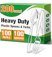 200 Count Plastic Silverware Heavy Duty,Clear Plastic Forks and Spoons, 100 Spoons & 100 Forks,BP...