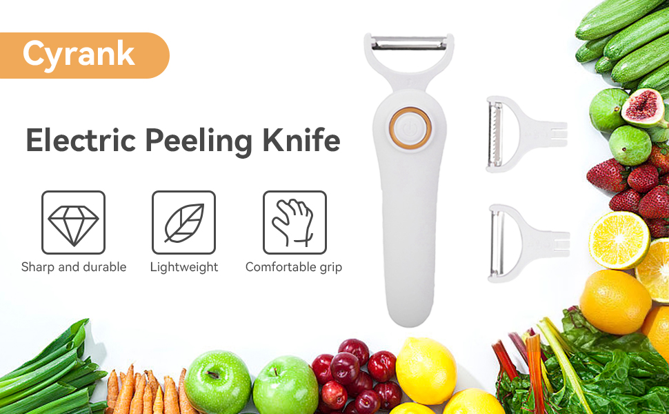 White electric peeling knife with interchangeable blades. Surrounded by various fruits and vegetables. Icons indicate sharpness, lightweight design, and comfortable grip.