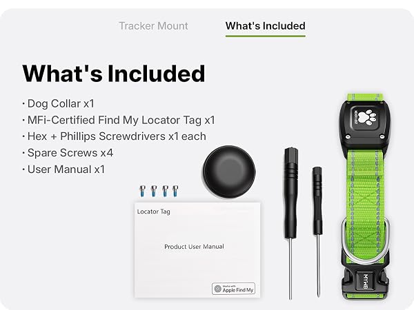 Box contents dog collar Find My locator tag two screwdrivers spare screws and user manual