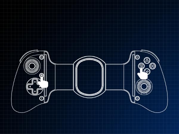 Blueprint-style technical illustration of a wireless game controller with split ergonomic design, dual analog sticks, directional pad, face buttons, shoulder buttons, and central connectivity zone on dark grid background.