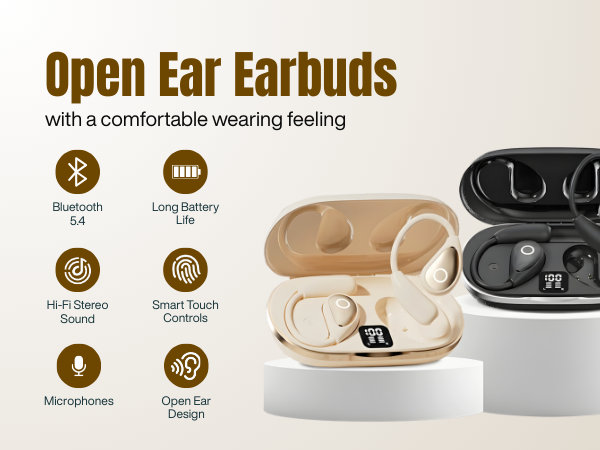 Open ear wireless earbuds in beige and black with charging case and specs.