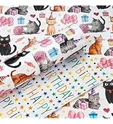 Yarcony Reversible Cat Wrapping Paper Roll, Happy Birthday Wrapping Paper, Watercolor Cute Cat Ki...