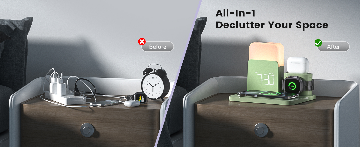 Wireless Charging Station, 7 in 1 Wireless Charger Stand with Alarm Clock