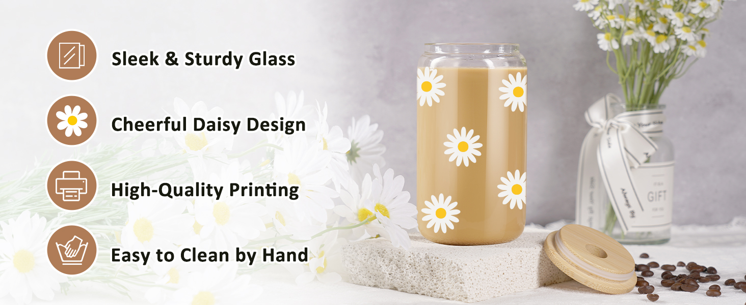 glass cup with straw, aesthetic cups, daisy gifts, cute coffee cups, mothers day glass cup for mom