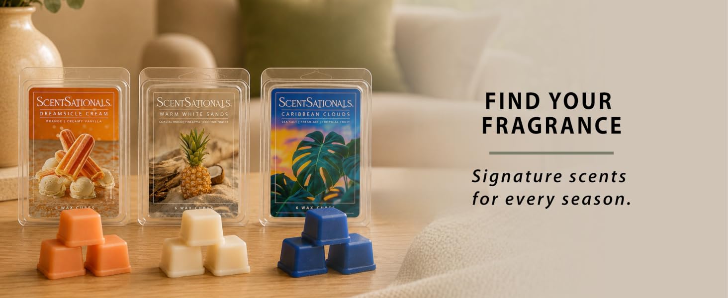 Text: Find your fragrance, signature scents for every season featuring 3 summer wax melts.