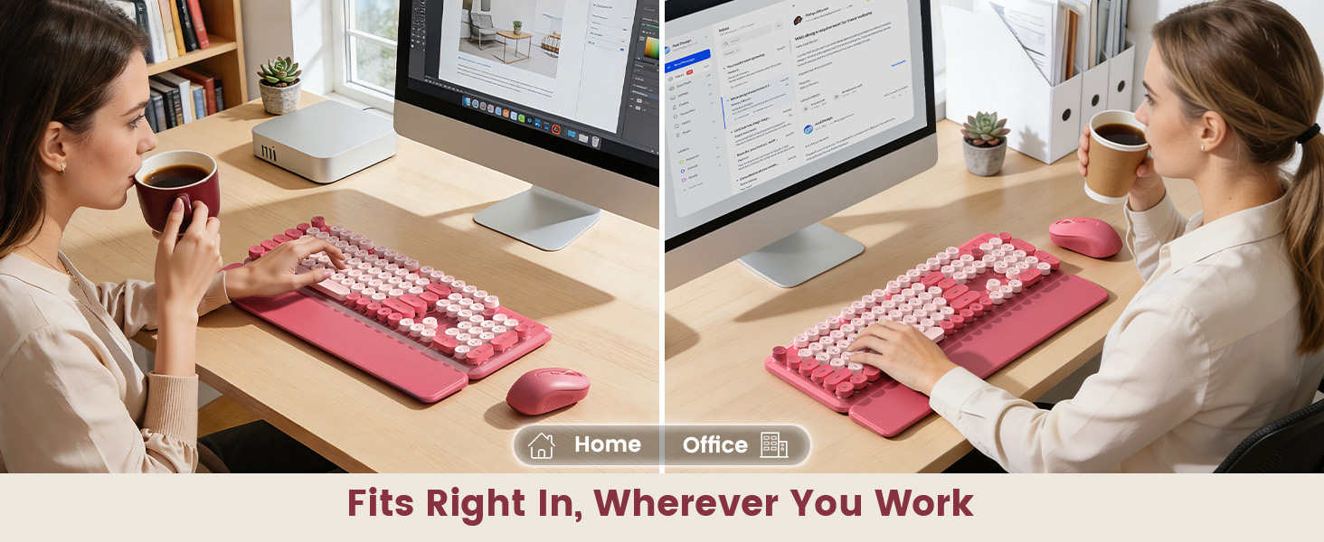 Pink retro keyboard and mouse with wrist rest for home or office.
