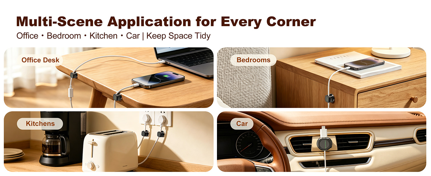 Multi-use cord organizer clips for office, bedroom, kitchen, car cable tidying