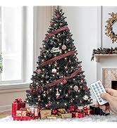 YITAHOME 6ft Prelit Black Artificial Christmas Tree with Remote Control, Hinged Christmas Tree Pi...