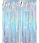 Iridescent Blue Party Streamers Backdrop - 2 Pack 3.31 x 6.6 ft Holographic Tinsel Fringe Curtain...