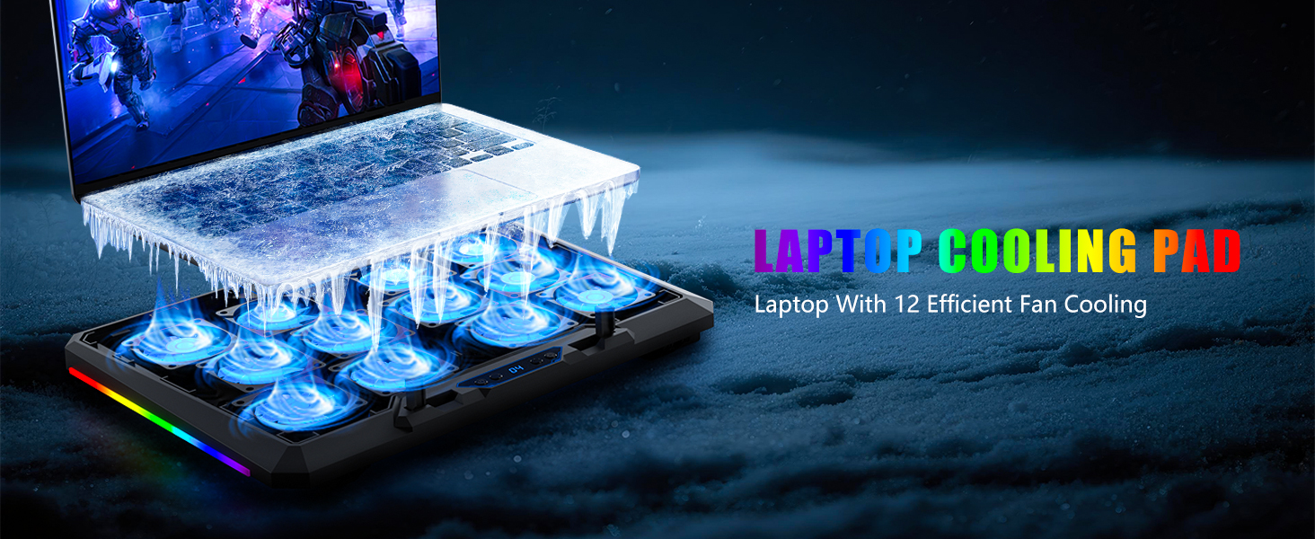 Text reads 'LAPTOP COOLING PADS'. RGB-lit laptop cooling pad shown in dark environment with blue lighting effects and multiple viewing angles.
