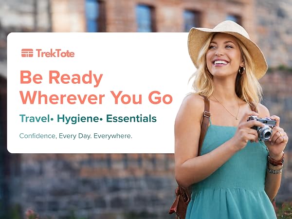 Woman with camera and hat beside TrekTote travel hygiene essentials message.