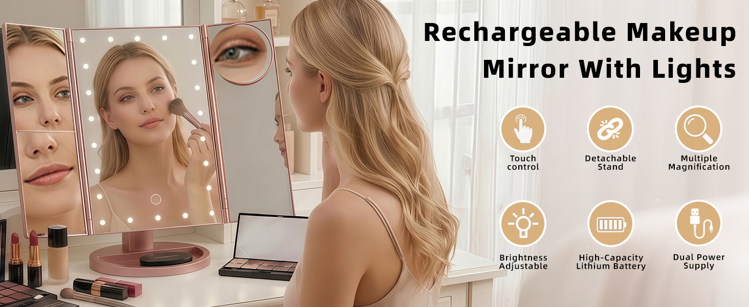 Tri-fold makeup mirror with lights, 2X 3X 10X magnification and touch control.