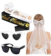 Just Married Decorations Set, Bride and Groom Sunglasses, Sashes and Elegant Veil, 5-Piece Weddin...