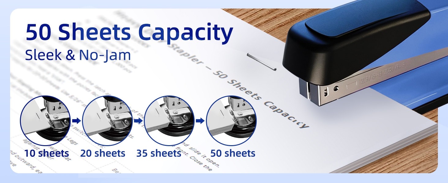 This heavy-duty stapler can staple 50 sheets. This stapler offers a high-quality, no-jam stapling.