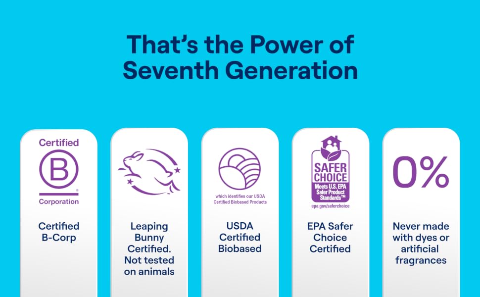 Seventh Generation Certified B Corp, Leaping Bunny, USDA Biobased, EPA Safer Choice.