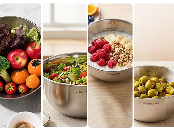Composite image showing stainless steel cookware with fresh vegetables (tomatoes, peppers), prepared salad, soup with grains, and olives in containers.