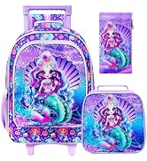 gxtvo 3PCS Girls Mermaid Rolling Backpack, Kids Sequin Wheeled Bookbag With Lunch Box, Water-Resi...