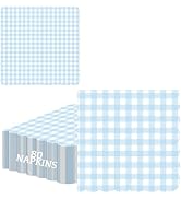 80PCS Baby Blue Gingham Scalloped Paper Napkins 5 Inch, Disposable Cocktail Beverage Napkins for ...