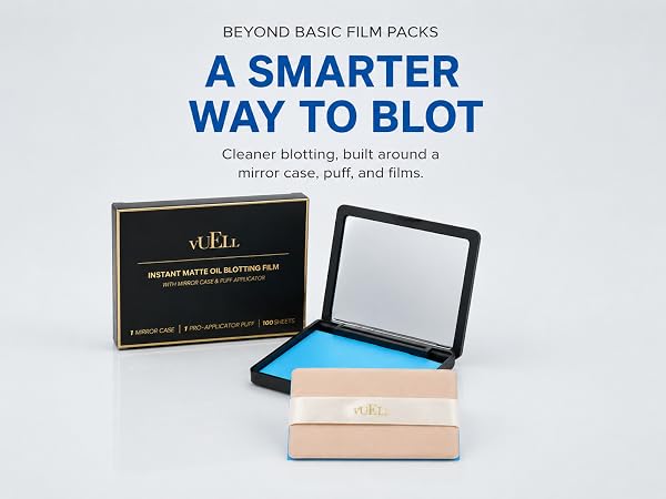 VUELL mirror case with oil blotting films and Pro-Applicator Puff