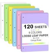 Loose Leaf Paper 8" x 10.5"Colored Filler Paper 120Sheets 3 Hole Punched Lined Paper 8 X 10.5 Col...