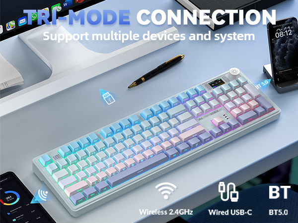 Three-Mode 2.4G K108 Pro creamy keyboard multifunctional knob smart screen