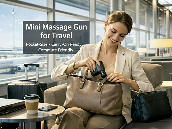 Compact mini massage gun in carry-on bag at airport for on-the-go muscle relief