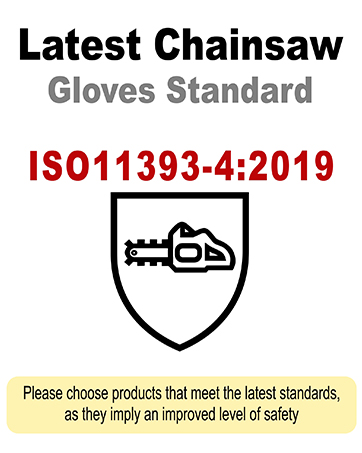 Safety standard icon for chainsaw gloves, showing shield with chainsaw symbol. Text indicates ISO11393-4:2019 standard for latest chainsaw gloves.