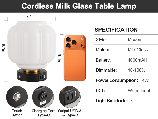 Rechargeable Table Lamp Cordless Milk Glass Bedside Lamp Small white and black