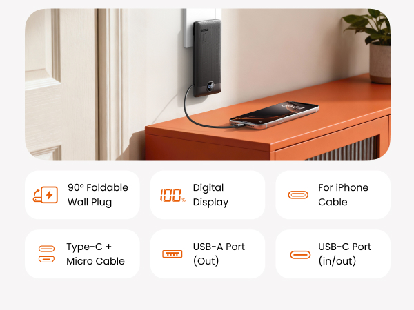 Portable Charger with Built-in Cables and Wall Plug-Black