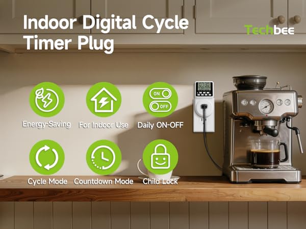 In kitchen, an energy-saving Digital timer with daily ON-OFF, cycle/countdown modes,child lock