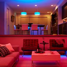 Living room with red and blue lighting