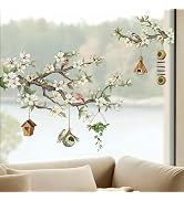 Spring Birds Flower Branches Hanging Bird House Green Leaves Window Decals Anti Collision Double-...