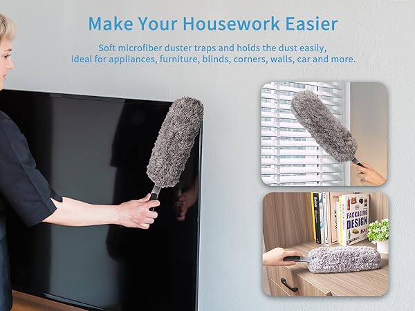 Gray microfiber duster being demonstrated on various surfaces including blinds and furniture, with multi-angle cleaning capability shown in three usage examples.