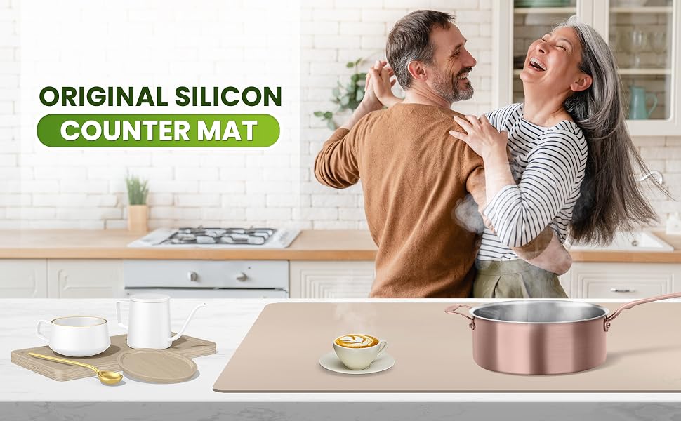 a happy couple dancing in the kitchen with their new silicone mat for kitchen counter.