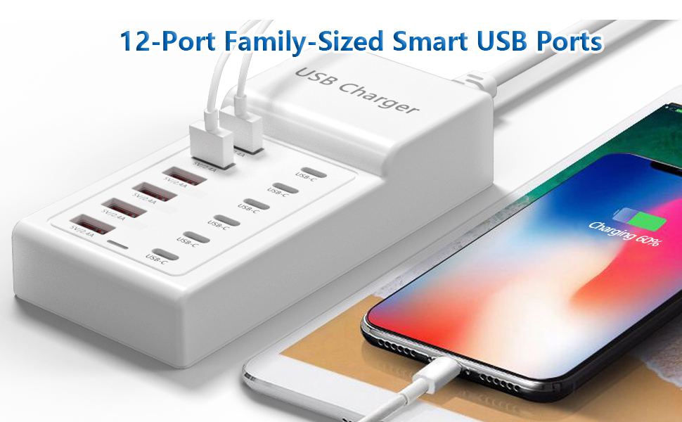 Text reads: '12-Port Family-Sized Smart USB Ports.' White USB charging hub shown from multiple angles with connected devices and blue lighting effects.