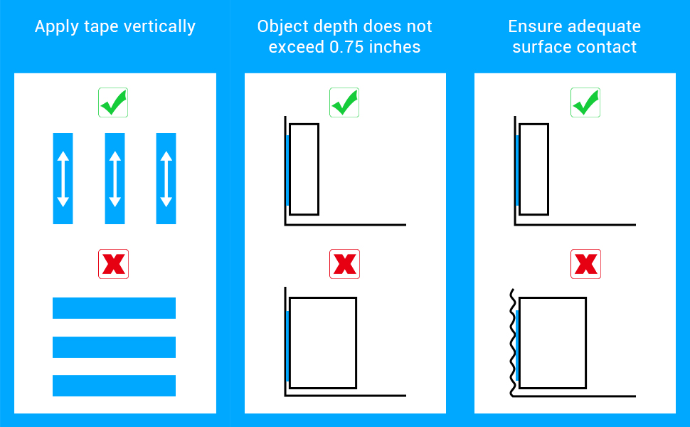 Infographic showing correct tape application methods for mounting objects. Includes guidelines for vertical tape placement, object depth, and ensuring proper surface contact.