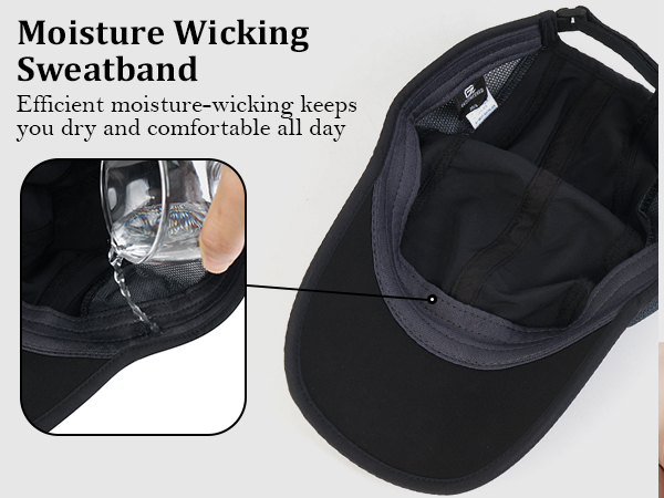 Built in sweatband removes sweat from eyes and face., allows for moisture and heat to escape