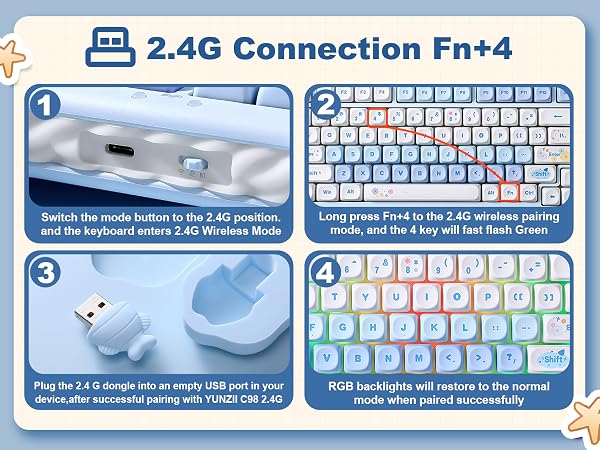 Text reads '2.4G Connection FN+4'. Instructional keyboard layout images showing wireless connection setup steps with blue highlights on specific keys.