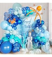 Under the Sea Balloon Arch Kit 130Pcs Dark Blue Metallic Blue Orange Long Balloons for Ocean Them...