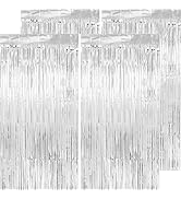 PatiCool Thicken Silver Streamers 4 Pack 3.2 x 8.2 FT, Silver Tinsel Backdrop Curtains, Foil Frin...