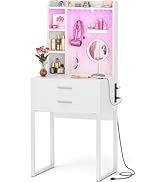 Besiost Small Vanity Desk with Hutch and Drawers, White Makeup Vanity Desk with Charging Station,...