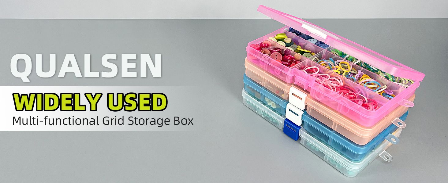 Qualsen multi-functional grid storage boxes stacked in pink, blue, and clear colors, featuring compartmented design for organization.