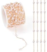 Pandahall 16.4 Feet Pearl Beaded Chains Golden Brass Cable Chains with 4mm Imitation Pearl Bead J...