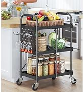 a kitchen cart with a basket of vegetables and spices