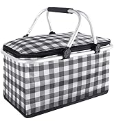 KEFOMOL Insulated Picnic Basket,Collapsible Cooler Bag,32L Grocery Basket with Lid,2 Sturdy Handl...