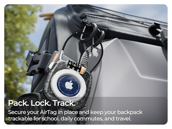 Lockable AirTag holder attached to backpack zipper for anti-theft travel tracking.
