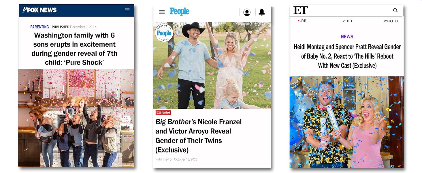 Celebrations in FOX News, People and ET featuring happy families using confetti cannons