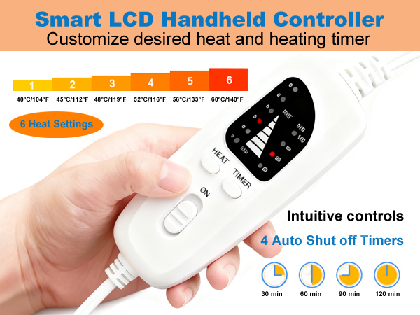 Remote control for 6 heat settings (104°F-140°F) and 4 auto-shutoff timers for safe, customized use